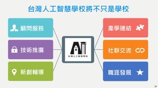 97
台灣人工智慧學校將不只是學校
台灣人工
智慧學校
顧問服務 產學連結
技術推廣 社群交流
新創輔導 職涯發展
 