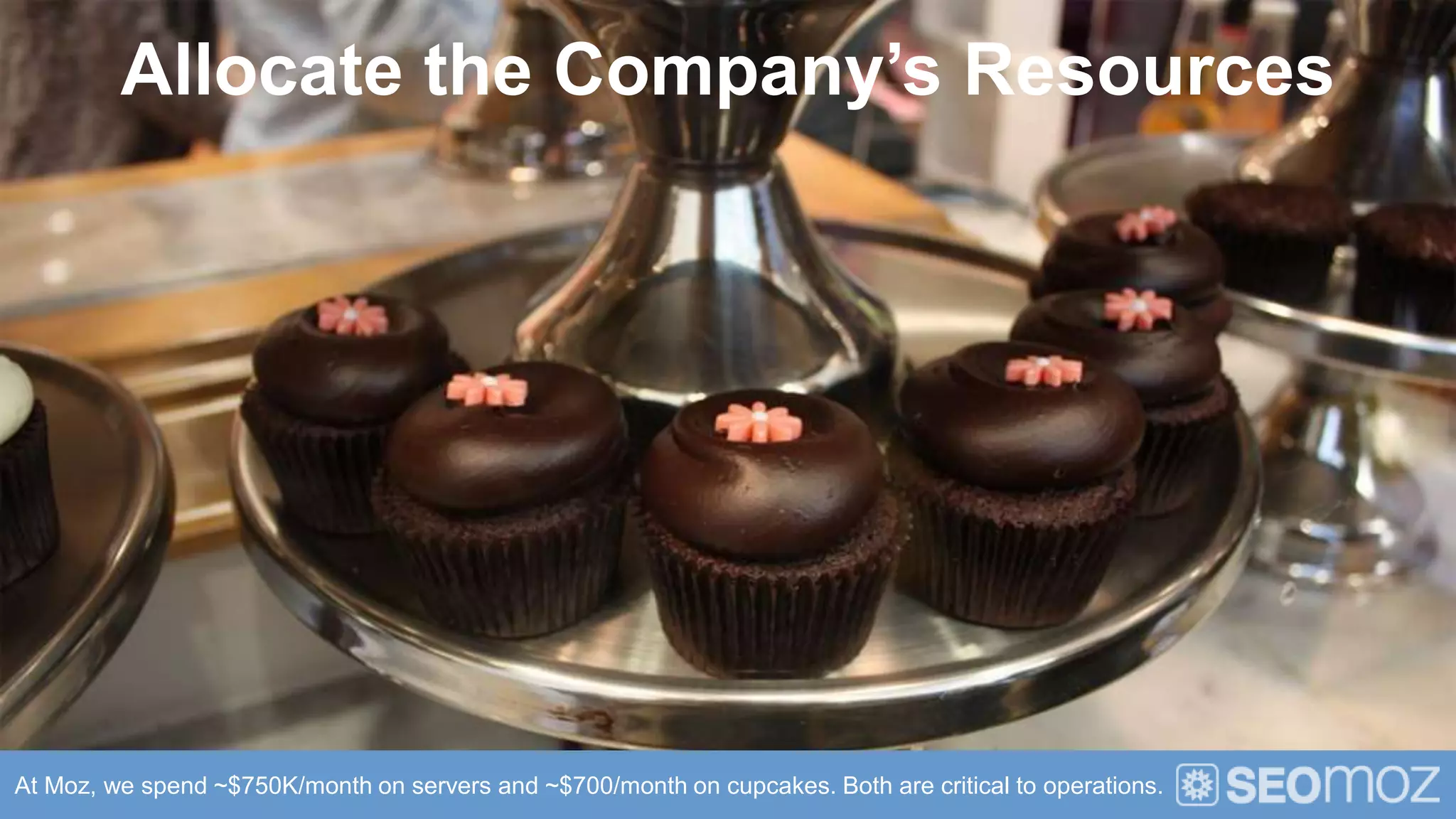 Allocate the Company’s Resources




At Moz, we spend ~$750K/month on servers and ~$700/month on cupcakes. Both are critical to operations.
 