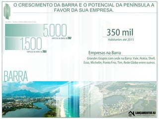 O CRESCIMENTO DA BARRA E O POTENCIAL DA PENÍNSULA A FAVOR DA SUA EMPRESA. Grandes Grupos com sede na Barra: Vale, Nokia, Shell, Esso, Michelin, Ponto Frio, Tim, Rede Globo entre outros. Empresas na Barra Habitantes até 2013 350 mil 