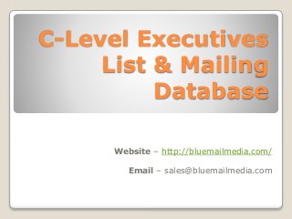 C-Level Executives
List & Mailing
Database
Website – http://bluemailmedia.com/
Email – sales@bluemailmedia.com
 