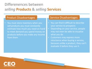 • You must store inventory when you
sell products you must constantly
estimate how much you need on hand
to meet demand you spend money on
products before you make any income
from them
Differenences between
selling Products & selling Services
Product Disadvantages
• You can find it difficult to describe
your service to prospects
• Depending on your service, people
may not even be able to visualize
what you do
• Customers may express more
reluctance when buying a service,
because unlike a product, they can’t
evaluate it before they use it.
Service Disadvantages
 