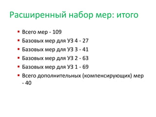 Расширенный набор мер: итого
 Всего мер - 109
 Базовых мер для УЗ 4 - 27
 Базовых мер для УЗ 3 - 41
 Базовых мер для УЗ 2 - 63
 Базовых мер для УЗ 1 - 69
 Всего дополнительных (компенсирующих) мер
- 40
 