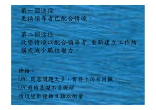 第一個途徑
更換領導者已配合情境。

第二個途徑
改變情境以配合領導者,重新建立工作結
構或減少職位權力。
                      無法顯示圖像。您的電腦可能沒有足夠的記憶體來開啟圖像，或圖像可能已毀損。請重新啟動您的電腦，並再次開啟檔案。如果仍然出現紅色 x，您可能必須刪除圖像，然後再次
                      插入圖像。




評估：
LPC 問卷問題太多，實務上仍有困難。
LPC邏輯基礎不易瞭解
情境變數複雜且難以衡量
 