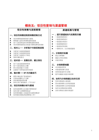 模块五：项目性营销与渠道管理
      项目性销售与流程管理                   渠道拓展与管理

一、项目性销售流程是销售控制方式           一 、进行渠道规划与发展是关键
                              ·渠道结构的设计
   项目性销售流程的体系与架构             ·渠道层级的设计
   销售漏斗是项目性销售流程的基础
                              ·渠道成分的设计
   客户关系管理是项目性销售流程的体现
   项目性销售流程是企业建立销售标准化的基础      ·渠道职能的设计
                              ·渠道的评估系统
二、找对人--- 分析客户内部采购流程           ·案例分享：方正的渠道建设
   分析客户内部的采购流程
   分析客户内部的组织结构            二、分销商开拓篇
   分析客户内部的五个角色               拟定分销策略
   找到关键决策人                   挑选与审核分销商
三、说对话--- 发展关系，建立信任            识别分销商

   客户关系发展的四种类型
   客户关系发展的五步骤
                           三、 分销商管理篇
   四大死党的建立与发展                对分销商的管理
   忠诚客户有四鬼是如何形成的             对渠道的扶植与发展
                              典型的渠道冲突与价格
四、做对事----4P 问问题技巧
                              提升沟通能力促进市场份额
   销售中确定客户需求的技巧
   有效问问题的五个关键             四、如何与分销商建立伙伴关系
   需求调查提问四步骤
                              管理分销商的五条原则
   如何让客户感觉痛苦，产生行动？
                              供应商的销售人员所需的技能
五、项目性销售分析与管理                  分销商的销售人员所需的技能
                              如何为分销商的业务增值
   如何协助销售人员来提升销售阶段？
   如何分析与诊断销售状态？              改善分销商关系的有效途径
   如何利用辅助工具促进项目流程的推进？
   如何做好招投标的前期准备工作？




                                               5
 