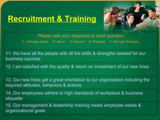 Recruitment & Training 14. Our employees adhere to high standards of workplace & business etiquette 15. Our management & leadership training meets employee needs & organizational goals 13. Our new hires get a great orientation to our organization including the required attitudes, behaviors & actions 12. I am satisfied with the quality & return on investment of our new hires  11. We have all the people with all the skills & strengths needed for our business success Please rate your response to each question 5 = Strongly Agree  4= Agree  3= Neutral  2= Disagree  1= Strongly Disagree   