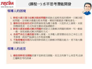 領導人的困境
1. 幹部大都只著力在解決眼前問題幹部缺乏追根究底的精神，只解決眼
前問題，沒有解決週邊及根本問題，導致同樣錯誤不斷地發生。
2. 簽核往往徒具形式幹部將簽核視為權力象徵，只是形式上簽核，未做
到機會教育，也沒有産生聯結或協調動作。
3. 幹部大都是被動式解決問題幹部缺乏主動解決問題的精神，叫一動做
一動，採取被動式解決問題的方式。
4. 各部門本位主義很重領導人發覺，大多數人都習慣站在自己本位上思
考事情，跨部門協調及合作相當困難。
5. 不敢授權或交班因為看到幹部缺乏主動解決問題及能力，更不敢大膽
授權或交班。
領導人的迷思
1. 總是怪幹部沒頭腦其實不是幹部沒頭腦，而且沒有靜下心來思考,也缺
乏邏輯思考的訓練。
(課程一) 水平思考潛能開發
 
