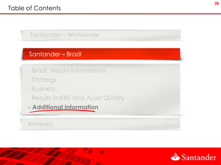 28
Table of Contents



       Santander – Worldwide


      Santander – Brazil

      - Brazil: Macro Information
      - Strategy
      - Business
      - Results in IFRS and Asset Quality
      - Additional Information

      Annexes
 