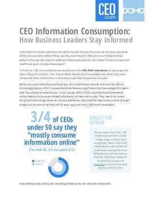 CEO Information Consumption:
How Business Leaders Stay Informed
Information has been called the new gold, the new oil, even the new soil. But how exactly do
CEOs consume information? What are they searching for? What forms of media do they
prefer? What are their favorite websites? What media brands still matter? Do any of them still
read those giant, smudgy newspapers?

                                                      350 chief executives, bringing you the
latest research on where, how and on which devices business leaders are devouring news,
trends and other information to help them (and their companies) succeed.



increasingly digital. A 2011 Harvard Business Review study found that the average CEO spent
4.88 hours/week on email alone.1 In our survey, 88% of CEOs said they found themselves
online looking for business-related information at least once a day. They search for every-
thing from technology trends to virtual tradeshows, they read The Wall Street Journal (though
maybe not the same way they did 10 years ago) and they LOVE email newsletters.




       3/4 of CEOs
      under 50 say they
                                                            ABOUT THE
                                                            SURVEY

      “mostly consume
                                                                We surveyed more than 350
                                                                 chief executives with a wide


    information online”
                                                                  range of age, industry and
                                                               experience. About half of the
                                                                respondents were leaders of
        (for over 50, it’s not quite 2/3)                       businesses earning less than
                                                               $10 million in annual revenue.
                                                                You can read more details at
             Under 50                                              the end of the report or
             Over 50                                            click here if you want to read
                                                                    the long version now.




How do they want all this info served up? Read on to see what we discovered.
 