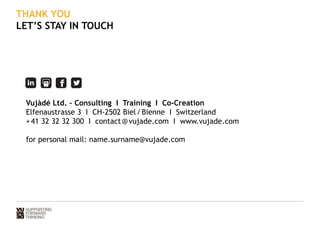 THANK YOU 
LET’S STAY IN TOUCH 
Vujàdé Ltd. – Consulting I Training I Co-Creation 
Elfenaustrasse 3 I CH-2502 Biel/Bienne I Switzerland 
+41 32 32 32 300 I contact@vujade.com I www.vujade.com 
for personal mail: name.surname@vujade.com 
