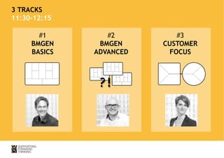 3 TRACKS 
11:30-12:15 
#2 
BMGEN 
ADVANCED 
#3 
CUSTOMER 
FOCUS 
#1 
BMGEN 
BASICS 
? ! 
 
