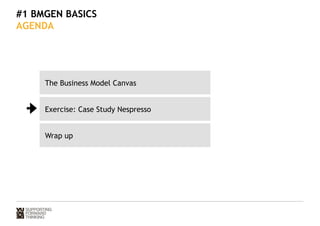 #1 BMGEN BASICS 
AGENDA 
The Business Model Canvas 
Exercise: Case Study Nespresso 
Wrap up 
 