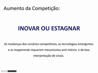 Aumento da Competição:


         INOVAR OU ESTAGNAR

As mudanças dos cenários competitivos, as tecnologias emergentes
  e as megatrends requerem mecanismos anti-inércia e de boa
                    interpretação de sinais.
 