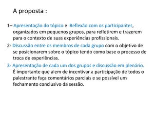 A proposta :

1– Apresentação do tópico e Reflexão com os participantes,
   organizados em pequenos grupos, para refletirem e trazerem
   para o contexto de suas experiências profissionais.
2- Discussão entre os membros de cada grupo com o objetivo de
   se posicionarem sobre o tópico tendo como base o processo de
   troca de experiências.
3- Apresentação de cada um dos grupos e discussão em plenário.
   É importante que alem de incentivar a participação de todos o
   palestrante faça comentários parciais e se possível um
   fechamento conclusivo da sessão.
 