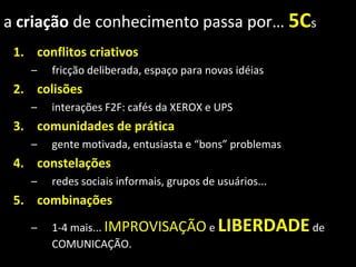 a criação de conhecimento passa por… 5Cs
 1. conflitos criativos
    –   fricção deliberada, espaço para novas idéias
 2. colisões
    –   interações F2F: cafés da XEROX e UPS
 3. comunidades de prática
    –   gente motivada, entusiasta e “bons” problemas
 4. constelações
    –   redes sociais informais, grupos de usuários...
 5. combinações
    –   1-4 mais... IMPROVISAÇÃO e         LIBERDADE de
        COMUNICAÇÃO.
 