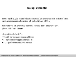 ceo kpi examples 
In this ppt file, you can ref materials for ceo kpi examples such as list of KPIs, 
performance appraisal metrics, job skills, KRAs, BSC… 
For more ceo kpi examples materials such as free 4 ebooks below, 
please visit: kpi123.com 
• List of free 2436 KPIs 
• Top 28 performance appraisal forms 
• 11 performance appraisal methods 
• 1125 performance review phrases 
Top materials: List of free 2436 KPIs, Top 28 performance appraisal forms, 11 performance appraisal methods 
Interview questions and answers – free download/ pdf and ppt file 
 