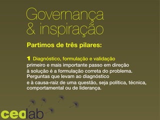 Partimos de três pilares:
1 Diagnóstico, formulação e validação
primeiro e mais importante passo em direção
à solução é a formulação correta do problema.
Perguntas que levam ao diagnóstico
e à causa-raiz de uma questão, seja política, técnica,
comportamental ou de liderança.
!
Governança
& inspiração!
 