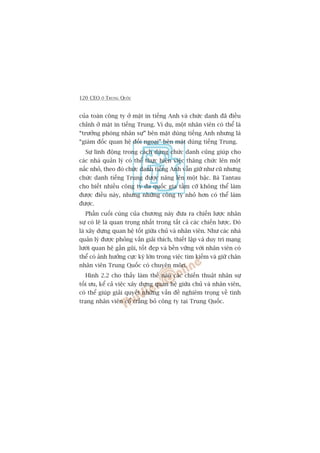 120 CEO ÚÃ TRUNG QUÖËC
cuãa toaân cöng ty úã mùåt in tiïëng Anh vaâ chûác danh àaä àiïìu
chónh úã mùåt in tiïëng Trung. Vñ duå, möåt nhên viïn coá thïí laâ
“trûúãng phoâng nhên sûå” bïn mùåt duâng tiïëng Anh nhûng laâ
“giaám àöëc quan hïå àöëi ngoaåi” bïn mùåt duâng tiïëng Trung.
Sûå linh àöång trong caách duâng chûác danh cuäng giuáp cho
caác nhaâ quaãn lyá coá thïí thûåc hiïån viïåc thùng chûác lïn möåt
nêëc nhoã, theo àoá chûác danh tiïëng Anh vêîn giûä nhû cuä nhûng
chûác danh tiïëng Trung àûúåc nêng lïn möåt bêåc. Baâ Tantau
cho biïët nhiïìu cöng ty àa quöëc gia têìm cúä khöng thïí laâm
àûúåc àiïìu naây, nhûng nhûäng cöng ty nhoã hún coá thïí laâm
àûúåc.
Phêìn cuöëi cuâng cuãa chûúng naây àûa ra chiïën lûúåc nhên
sûå coá leä laâ quan troång nhêët trong têët caã caác chiïën lûúåc. Àoá
laâ xêy dûång quan hïå töët giûäa chuã vaâ nhên viïn. Nhû caác nhaâ
quaãn lyá àûúåc phoãng vêën giaãi thñch, thiïët lêåp vaâ duy trò maång
lûúái quan hïå gêìn guäi, töët àeåp vaâ bïìn vûäng vúái nhên viïn coá
thïí coá aãnh hûúãng cûåc kyâ lúán trong viïåc tòm kiïëm vaâ giûä chên
nhên viïn Trung Quöëc coá chuyïn mön.
Hònh 2.2 cho thêëy laâm thïë naâo caác chiïën thuêåt nhên sûå
töëi ûu, kïí caã viïåc xêy dûång quan hïå giûäa chuã vaâ nhên viïn,
coá thïí giuáp giaãi quyïët nhûäng vêën àïì nghiïm troång vïì tònh
traång nhên viïn cöí trùæng boã cöng ty taåi Trung Quöëc.
 
