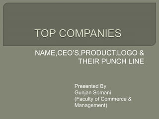 NAME,CEO’S,PRODUCT,LOGO &
THEIR PUNCH LINE
Presented By
Gunjan Somani
(Faculty of Commerce &
Management)
 