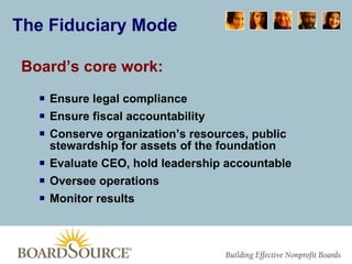 Board’s core work:   Ensure legal compliance Ensure fiscal accountability Conserve organization’s resources, public stewardship for assets of the foundation Evaluate CEO, hold leadership accountable Oversee operations Monitor results The Fiduciary Mode 