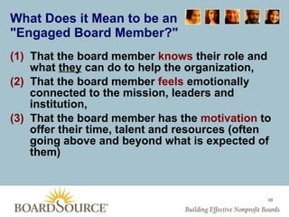 What Does it Mean to be an  "Engaged Board Member?" (1)   That the board member  knows  their role and what  they  can do to help the organization,  (2)   That the board member  feels  emotionally connected to the mission, leaders and institution,  (3)   That the board member has the  motivation  to offer their time, talent and resources (often going above and beyond what is expected of them) 10 
