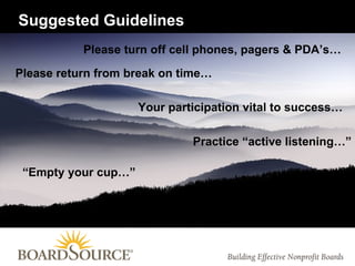 Practice “active listening…” Suggested Guidelines Please turn off cell phones, pagers & PDA’s… Please return from break on time… Your participation vital to success… “ Empty your cup…” 
