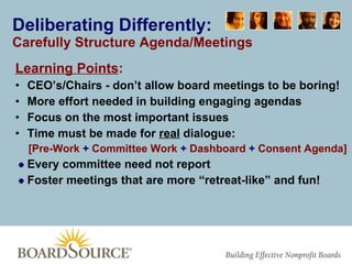 Deliberating Differently: Carefully Structure Agenda/Meetings Learning Points : CEO’s/Chairs - don’t allow board meetings to be boring! More effort needed in building engaging agendas Focus on the most important issues Time must be made for  real  dialogue: [Pre-Work   +   Committee Work   +   Dashboard   +  Consent Agenda] Every committee need not report Foster meetings that are more “retreat-like” and fun! 