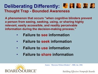 Deliberating Differently: Thought Trap - Bounded Awareness Failure to  see  information Failure to  seek  information Failure to  use  information Failure to  share  information A phenomenon that occurs “when cognitive blinders prevent a person from seeing, seeking, using, or sharing highly relevant, easily accessible, and readily perceivable information during the decision-making process.” Source:  “Decisions Without Blinders” – HBR, Jan. 2006 
