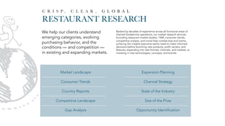 C R I S P , C L E A R , G L O B A L
RESTAURANT RESEARCH
Backed by decades of experience across all functional areas of
chained foodservice operations, our market research services
(including restaurant market studies, TAM, consumer trends,
competitive analysis, and more) help combat bias and inertia,
surfacing the insights executive teams need to make informed
decisions before launching new products, profit centers, and
features, expanding into new formats, channels, and markets, or
investing in new technologies, concepts, and brands.
Market Landscape
Consumer Trends
Country Reports
Competitive Landscape
Gap Analysis
Expansion Planning
Channel Strategy
State of the Industry
Size of the Prize
Opportunity Identification
We help our clients understand
emerging categories, evolving
purchasing behavior, and the
conditions — and competition —
in existing and expanding markets.
 