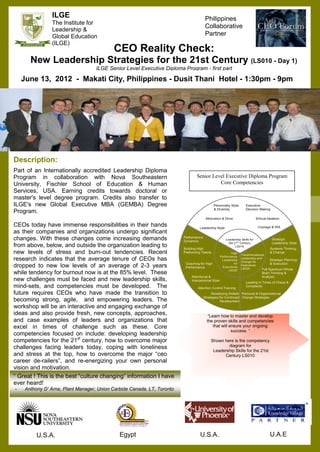 ILGE                                                            Philippines
                The Institute for
                                                                                Collaborative
                Leadership &
                Global Education                                                Partner
                (ILGE)
                                           CEO Reality Check:
       New Leadership Strategies for the 21st Century (LS010 - Day 1)
                                    ILGE Senior Level Executive Diploma Program - first part

    June 13, 2012 - Makati City, Philippines - Dusit Thani Hotel - 1:30pm - 9pm




Description:
                                                                         Earn credits you deserve !
Part of an Internationally accredited Leadership Diploma
Program in collaboration with Nova Southeastern                  Senior Level Executive Diploma Program
University, Fischler School of Education & Human                           Core Competencies
Services, USA. Earning credits towards doctoral or
master's level degree program. Credits also transfer to
ILGE's new Global ExecutivePresident's, CEO's, CFOs, Division Heads, General Managers, Senior Vice
   Who should Attend: :          MBA (GEMBA) Degree
Presidents, EVPs, other senior level executives with top-level responsibilities, executives from diverse
Program.
organizations, and those being groomed for executive-level posts.
CEOs today have immense responsibilities in their hands
. their companies and organizations undergo significant
as
changes. With these changes come increasing demands
from above, below, and outside the organization leading to
new levels of stress and burn-out tendencies. Recent
research indicates that the average tenure of CEOs has
dropped to new low levels of an average of 2-3 years
while tendency for burnout now is at the 85% level. These
new challenges must be faced and new leadership skills,
mind-sets, and competencies must be developed. The
future requires CEOs who have made the transition to
becoming strong, agile, and empowering leaders. The
workshop will be an interactive and engaging exchange of
ideas and also provide fresh, new concepts, approaches,                           “Learn how to master and develop
and case examples of leaders and organizations that                              the proven skills and competencies
excel in times of challenge such as these. Core                                      that will ensure your ongoing
                                                                                                success. “
competencies focused on include: developing leadership
competencies for the 21st century, how to overcome major                           Shown here is the competency
challenges facing leaders today, coping with loneliness                                    diagram for
                                                                                    Leadership Skills for the 21st
and stress at the top, how to overcome the major “ceo                                     Century LS010
career de-railers”, and re-energizing your own personal
vision and motivation.
“ Great ! This is the best “culture changing” information I have
ever heard!
-    Anthony D’ Arne, Plant Manager, Union Carbide Canada, LT, Toronto




          U.S.A.                              Egypt                           U.S.A.                                 U.A.E
 