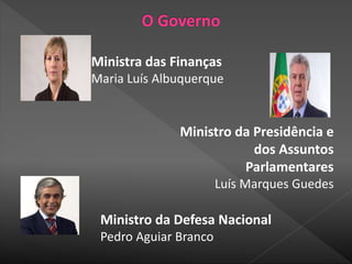 Ministro da Presidência e
dos Assuntos
Parlamentares
Luís Marques Guedes
Ministro da Defesa Nacional
Pedro Aguiar Branco
Ministra das Finanças
Maria Luís Albuquerque
 