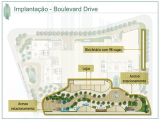 Implantação - Boulevard Drive Lojas Acesso estacionamento Acesso estacionamento Bicicletário com 98 vagas 