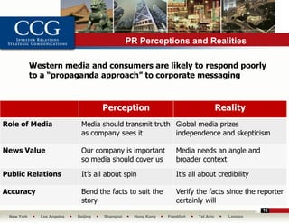 PR Perceptions and Realities

            Western media and consumers are likely to respond poorly
            to a “propaganda approach” to corporate messaging



                                      Perception                                      Reality
Role of Media                 Media should transmit truth Global media prizes
                              as company sees it          independence and skepticism

News Value                    Our company is important             Media needs an angle and
                              so media should cover us             broader context

Public Relations              It’s all about spin                  It’s all about credibility

Accuracy                      Bend the facts to suit the           Verify the facts since the reporter
                              story                                certainly will
                                                                                                  16
 New York     Los Angeles   Beijing   Shanghai     Hong Kong   Frankfurt   Tel Aviv      London
 