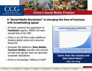 China’s Social Media Problem

     A “Social Media Revolution” is changing the face of business
     with breathtaking speed
   • If trends continue the population of
     Facebook (approx. 900M) will soon
     exceed that of the PRC
   • China is cut off from major platforms
     shaping global social and consumer
     discourse                                                  • New Trends in the social media
                                                                  world:
   • Domestic SM platforms (Sina Weibo,
     TenCent Weibo) provide viral sources
     of truth and opinion that can decimate
     corporate reputations                                    “Learn from the masses and
                                                                   then teach them.”
   • China is increasingly “talking to itself”
                                                                         – Mao Tse-Tung

                                                                                             17
New York   Los Angeles   Beijing   Shanghai   Hong Kong   Frankfurt   Tel Aviv   London
 