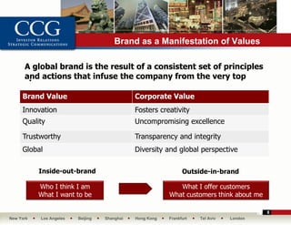Brand as a Manifestation of Values

      A global brand is the result of a consistent set of principles
      and actions that infuse the company from the very top
       •

     Brand Value                              Corporate Value
     Innovation                               Fosters creativity
     Quality                                  Uncompromising excellence

     Trustworthy                              Transparency and integrity
     Global                                   Diversity and global perspective

           Inside-out-brand                                     Outside-in-brand

           Who I think I am                                  What I offer customers
           What I want to be                              What customers think about me

                                                                                          8
New York   Los Angeles   Beijing   Shanghai   Hong Kong   Frankfurt   Tel Aviv   London
 