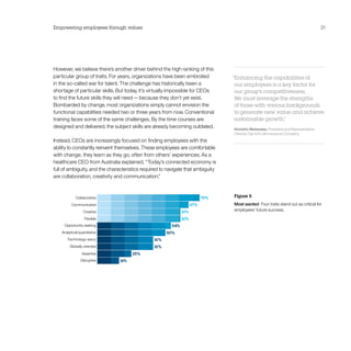Empowering employees through values                                                                                                21




However, we believe there’s another driver behind the high ranking of this
particular group of traits. For years, organizations have been embroiled         “Enhancing the capabilities of
in the so-called war for talent. The challenge has historically been a            our employees is a key factor for
shortage of particular skills. But today, it’s virtually impossible for CEOs      our group’s competitiveness.
to find the future skills they will need — because they don’t yet exist.          We must leverage the strengths
Bombarded by change, most organizations simply cannot envision the                of those with various backgrounds
functional capabilities needed two or three years from now. Conventional          to generate new value and achieve
training faces some of the same challenges. By the time courses are               sustainable growth. ”
designed and delivered, the subject skills are already becoming outdated.        Koichiro Watanabe, President and Representative
                                                                                 Director, Dai-ichi Life Insurance Company
Instead, CEOs are increasingly focused on finding employees with the
ability to constantly reinvent themselves. These employees are comfortable
with change; they learn as they go, often from others’ experiences. As a
healthcare CEO from Australia explained, “Today’s connected economy is
full of ambiguity, and the characteristics required to navigate that ambiguity
are collaboration, creativity and communication.”


                                                                                 Figure 5
                                                                                 Most wanted  Four traits stand out as critical for
                                                                                 employees’ future success.
 