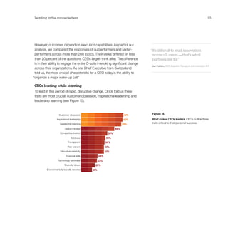 Leading in the connected era                                                                                                        55




 However, outcomes depend on execution capabilities. As part of our
 analysis, we compared the responses of outperformers and under­                  “It’s difficult to lead innovation
 performers across more than 200 topics. Their views differed on less              across all areas — that’s what
 than 20 percent of the questions. CEOs largely think alike. The difference        partners are for.   ”
 is in their ability to engage the entire C-suite in evoking significant change
                                                                                  Jan Fahlén, CEO, Swedish Transport Administration ICT
 across their organizations. As one Chief Executive from Switzerland
 told us, the most crucial characteristic for a CEO today is the ability to
“organize a major wake-up call.”

 CEOs leading while learning
 To lead in this period of rapid, disruptive change, CEOs told us three
 traits are most crucial: customer obsession, inspirational leadership and
 leadership teaming (see Figure 15).


                                                                                  Figure 15
                                                                                  What makes CEOs leaders  CEOs outline three
                                                                                  traits critical to their personal success.
 
