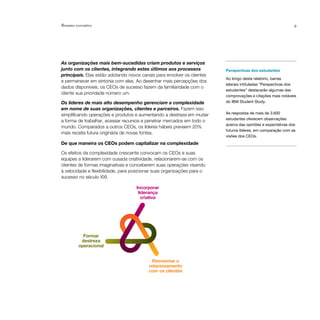 Resumo executivo                                                                                              9




                                    Incorporar
As organizações mais bem-sucedidas criam produtos e serviços
                                     liderança
junto com os clientes, integrando estes últimos aos processos
                                       criativa                          Perspectivas dos estudantes
principais. Elas estão adotando novos canais para envolver os clientes
                                                                         Ao longo deste relatório, barras
e permanecer em sintonia com eles. Ao desenhar mais percepções dos
                                                                         laterais intituladas “Perspectivas dos
dados disponíveis, os CEOs de sucesso fazem da familiaridade com o
                                                                         estudantes” destacarão algumas das
cliente sua prioridade número um.
                                                                         comprovações e citações mais notáveis
Os líderes de mais alto desempenho gerenciam a complexidade              do IBM Student Study.
em nome de suas organizações, clientes e parceiros. Fazem isso
             Formar
            destreza                                                     As respostas de mais de 3.600
simplificando operações e produtos e aumentando a destreza em mudar
           operacional                                                   estudantes oferecem observações
a forma de trabalhar, acessar recursos e penetrar mercados em todo o
                                                                         acerca das opiniões e expectativas dos
mundo. Comparados a outros CEOs, os líderes hábeis preveem 20%
                                                                         futuros líderes, em comparação com as
mais receita futura originária de novas fontes. Reinventar o
                                           relacionamento                visões dos CEOs.
                                           com os clientes
De que maneira os CEOs podem capitalizar na complexidade

Os efeitos da complexidade crescente convocam os CEOs e suas
equipes a liderarem com ousada criatividade, relacionarem-se com os
clientes de formas imaginativas e conceberem suas operações visando
à velocidade e flexibilidade, para posicionar suas organizações para o
sucesso no século XXI.

                                    Incorporar
                                     liderança
                                       criativa




           Formar
          destreza
         operacional


                                            Reinventar o
                                          relacionamento
                                          com os clientes
 