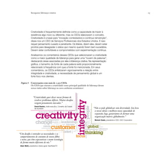 Incorporar liderança criativa                                                                                                                                                                                                                                                                                       25




               Criatividade é frequentemente definida como a capacidade de trazer à
               existência algo novo ou diferente, mas os CEOs elaboraram o conceito.
               Criatividade é a base para “inovação contestadora e contínua reinvenção”,
               disse-nos um CEO de Serviços Profissionais dos Estados Unidos. E isso
               requer pensamento ousado e penetrante. Os líderes, dizem eles, devem estar
               prontos para desagradar o status quo mesmo quando forem bem-sucedidos.
               Devem estar confortáveis e comprometidos com experimentação contínua.

               Analisamos os comentários desses CEOs que selecionaram a criatividade
               como a maior qualidade de liderança para gerar uma “nuvem de palavras”,
               destacando áreas associadas por eles à liderança criativa. Na representação
               gráfica, o tamanho da fonte de cada palavra está proporcionalmente
               relacionado à frequência com que a fonte foi mencionada. Em seus
               comentários, os CEOs enfatizaram vigorosamente a relação entre
               integridade e criatividade, a necessidade de pensamento global e um
               forte foco nos clientes.

  Figura 8     Conversações com mais de 1.500 CEOs
               Os CEOs que citaram a criatividade como principal qualidade de liderança deram
               novas visões sobre liderança no novo ambiente econômico5.
                                                                                                                                                                                          sustainability




                   “Criatividade quer dizer novas formas de
                    resolver problemas difíceis. Muitos desa os
                                                                                                                                                                                               integrity
                                                                                                                                                                                    employee




                    exigem pensamento inovador.”
                                                                                                                                                                                                           decision
                                                                organization




                                                                                                                                                                              humility
                                                                                                                          understand




                                                                                                                                                                                                                       passion




                    David Rankin, chefe-executivo, Conselho da Cidade
                                                                                                                                                                 commitment




                                                                                                                                                                                                   people



                                                                                                                                                                                                                                                                             “Não se pode globalizar sem diversidade. Isso leva
                                                                           government




                                                                                                                                                        sector




                    de Auckland
                                                                                                        ﬂexibility




                                                                                                                                                                                                                       water




                      creativity
                                                    strategy
                                                                                                                                                                                                                                              future
                                                                                                                                       responsibility




                                                                                        products                                                                 think                                                                                                        a novas ideias e melhora nossa capacidade de
                                                     trust
                                                                                                                     safety




                          dedication                                                                                                                                                       quality
                                                                                                                                                                                                                         team




                                                                                                                                                                                                                                              capability




                                                                                                                                                                                  drive

                                                                                                                                                                                                                                                                              expansão; logo, gostaríamos de formar uma
                                                                                                                                                                                                                                                                              organização matriz globalmente.”
                                                                                                                                                                                                          growth




                                                                                                                                                                                                                                                                  direction

                                                                                                                                                                                                     skills
                                                                                                                                                                                                                                                               challenge




                                                management
                             know




                      change
                                    strategic                                                   communication                 development                                                                                                                                        Motoki Ozaki, presidente e CEO, KAO Corporation
                                                                                                                                                                                                                                                   political




                                                                                                                                                                                                                         personal




                                                                                                     leadership
                                                                                                                                                                                                         power




                                                                                                                                                                                                                                      complexity




                                                                                                                                                                                                                                                                           balance

                                                               public
                                                                                                                                                                                                                       model




                                                                                                                                                                                                                                                                       openness
                                                                                                                                                                                                                      new
                                                                                              high




                                                                                                                                                                                                                                                   risks


                                                                                                                                fairness
                                                                  collaboration




                                                        customer
                                                                                                                                                                                                     ideas
                                                                                                       value                                                                                                                                       environment


                                                                                                                                                                                                                                  global
                                            vision
                                                       cost




                                                              energy           technology
                                                                                                                                                                                               service




                                         needs                                                                                                                                                                                                                                        risk
                                                                                                                                                                                                                                                                                      qualities
                                                                                                                                                                                                         unique




                                                                                                                                                                                                                         innovation inﬂuence
                                    understanding

                                                     leaders                                         culture                    successful                                     social


                                                                                                    market                                                                                                              thinking
                                                                                                                                                                                          ﬁnancial
                                                                                                                                                                                                                                    open services
                                                                                        knowledge
                                                                                           others




                                                                                                                                                                                         time
                                                                                                                                                                               sense




                                                                                                                                                                                                  complex

                                                                      local

“Um desa o é entender as necessidades e os
                                                                                                                                                                                                focus
                                                                                                                                                                                                                                 transparency
                                                                                                                                                                                                                        speed




 comportamentos de consumo de nossos lhos
 e netos, que têm expectativas e usam tecnologia
 de forma muito diferente de nós.”
 Alain Weill, presidente e diretor-geral, NextRadioTV
 