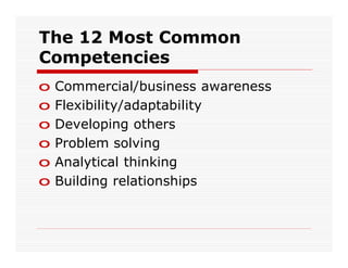 The 12 Most Common
Competencies
o   Commercial/business awareness
o   Flexibility/adaptability
o   Developing others
o   Problem solving
o   Analytical thinking
o   Building relationships
 