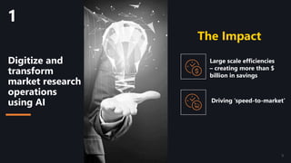Digitize and
transform
market research
operations
using AI
The Impact
1
Large scale efficiencies
– creating more than $
billion in savings
Driving ‘speed-to-market’
5
 