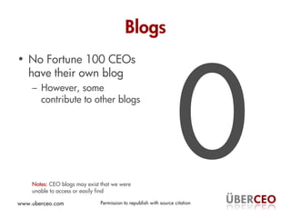 Blogs
• No Fortune 100 CEOs
  have their own blog
    – However, some
      contribute to other blogs




    Notes: CEO b...