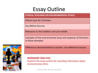 Essay Outline
Christian Ethics HSC Focus Day 2012
ETHICAL TEACHING ON ENVIRONMENTAL ETHICS
Ethical issue for Christians
Key Biblical Sources
Relevance to the tradition and core beliefs
Examples of the environmental issue and response of Christians
in those examples
Differences demonstrated by variants- use additional sources
WORKSHOP TASK FIVE:
Examine the essay outline for recording information about
environmental ethics
 