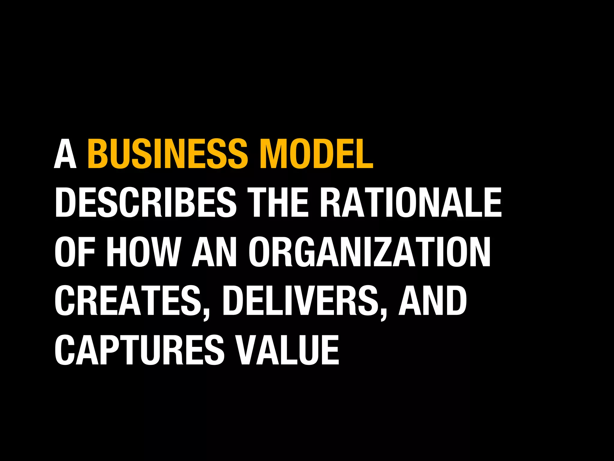 A BUSINESS MODEL
DESCRIBES THE RATIONALE
OF HOW AN ORGANIZATION
CREATES, DELIVERS, AND
CAPTURES VALUE

 