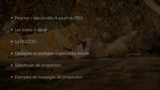 • Persona > Les priorités & peurs du PDG
• Les leviers à utiliser
• Le DG/COO
• Obstacles et stratégies d’approches #étude
• Statistiques de prospection
• Exemples de messages de prospection
 