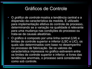 Gráficos de Controle
• O gráfico de controle mostra a tendência central e a
  dispersão da característica da medida. É utilizado
  para implementação efetiva do controle de processo,
  determinando se a variação na qualidade é relevante
  para uma mudança nas condições do processo ou
  trata-se de causas aleatórias.
• O gráfico é composto por uma linha central (LM) e
  limites de controle superior e inferior (LSC e LIC), os
  quais são determinados com base no desempenho
  no processo de fabricação. Se os valores da
  característica impressos no gráfico estiverem entre
  os limites de controle superior e inferior, e livres das
  tendências anormais, o processo será considerado
  como sob controle.
 