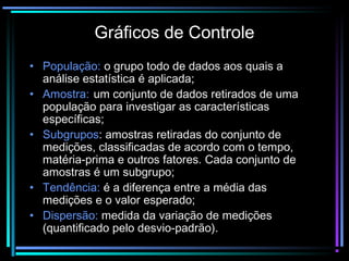 Gráficos de Controle
• População: o grupo todo de dados aos quais a
  análise estatística é aplicada;
• Amostra: um conjunto de dados retirados de uma
  população para investigar as características
  específicas;
• Subgrupos: amostras retiradas do conjunto de
  medições, classificadas de acordo com o tempo,
  matéria-prima e outros fatores. Cada conjunto de
  amostras é um subgrupo;
• Tendência: é a diferença entre a média das
  medições e o valor esperado;
• Dispersão: medida da variação de medições
  (quantificado pelo desvio-padrão).
 