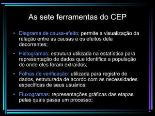 As sete ferramentas do CEP
• Diagrama de causa-efeito: permite a visualização da
  relação entre as causas e os efeitos dela
  decorrentes;
• Histogramas: estrutura utilizada na estatística para
  representação de dados que identifica a população
  de onde eles foram extraídos;
• Folhas de verificação: utilizada para registro de
  dados, estruturada de acordo com as necessidades
  específicas de seus usuários;
• Fluxogramas: representações gráficas das etapas
  pelas quais passa um processo;
 