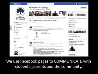 We use Facebook pages to COMMUNICATE with
students, parents and the community.
 
