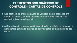 ELEMENTOS DOS GRÁFICOS DE
CONTROLE – CARTAS DE CONTROLE
 São gráficos de análise e ajuste da variação de um processo em
função do tempo, através de duas características básicas: sua
centralização e sua dispersão.
 A Centralização pode ser verificada através da média do processo e
a Dispersão estimada através do desviopadrão ou da amplitude dos
dados
 