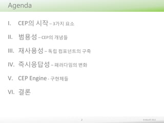 Agenda
I.

CEP의 시작 – 3가지 요소

II. 범용성 – CEP의 개념들
III. 재사용성 – 독립 컴포넌트의 구축
IV. 즉시응답성 – 패러다임의 변화
V. CEP Engine - 구현체들
VI. 결론

2

Embian© 2013

 